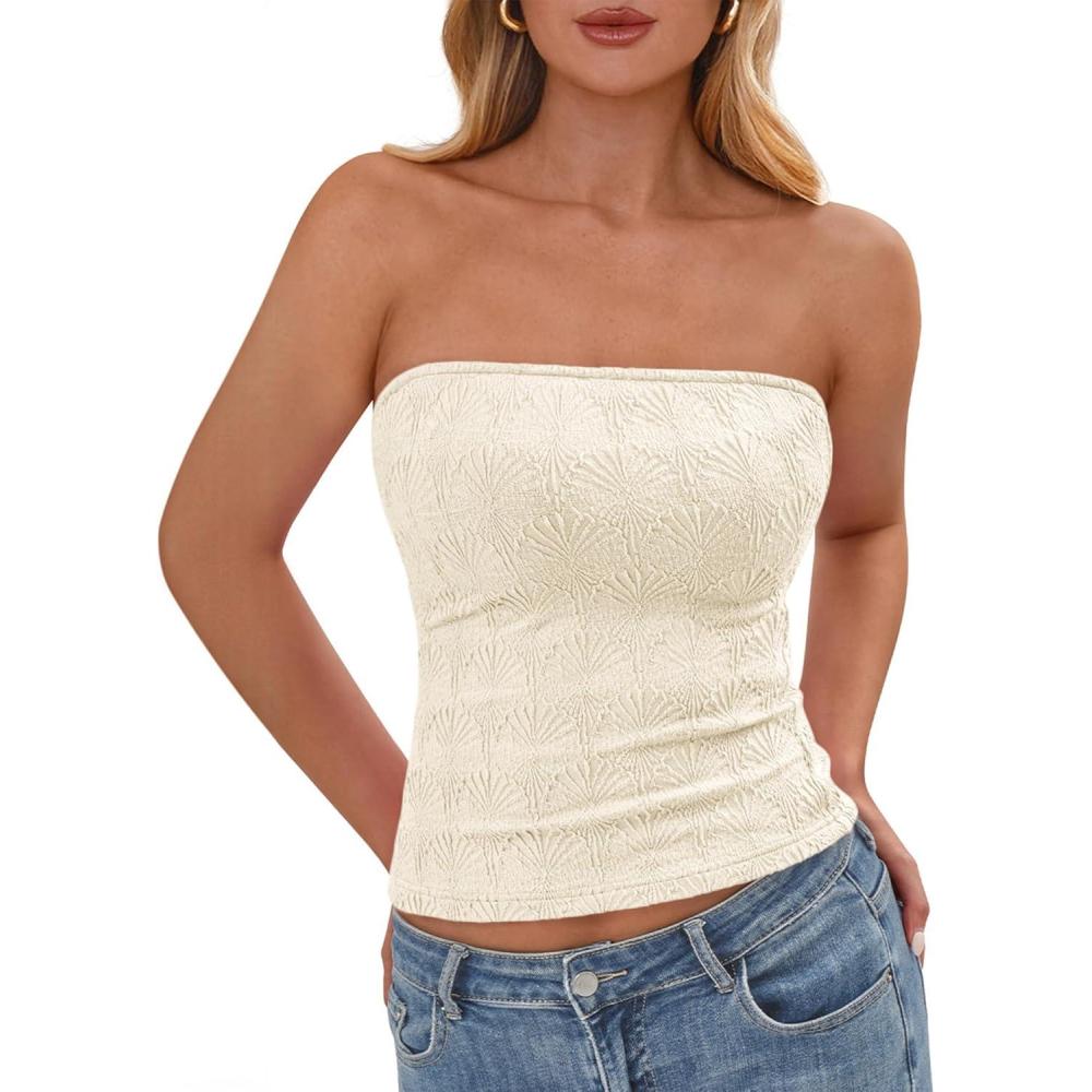 imageBTFBM Tube Tops for Women Spring Summer 2026 Backless Fitted Floral Embroidery Going Out Bandeau Top Beach VacationApricot