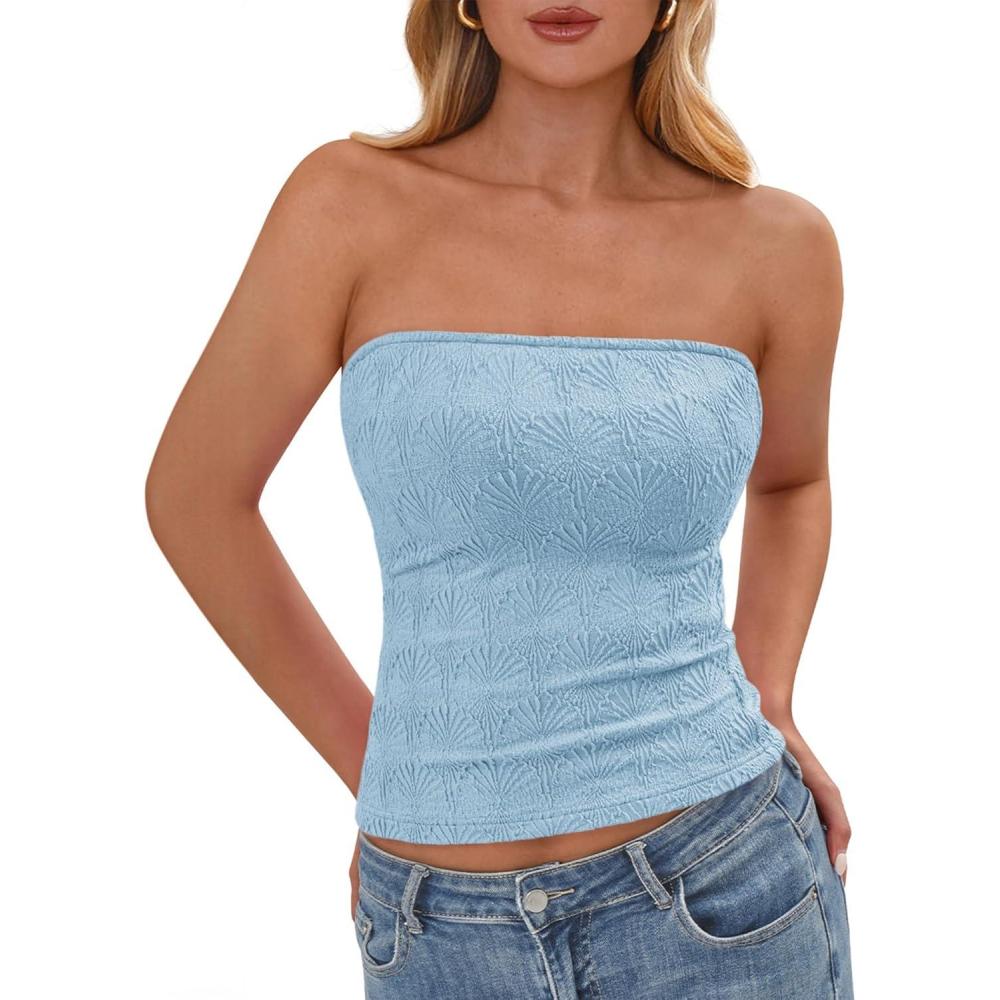 imageBTFBM Tube Tops for Women Spring Summer 2026 Backless Fitted Floral Embroidery Going Out Bandeau Top Beach VacationLight Blue