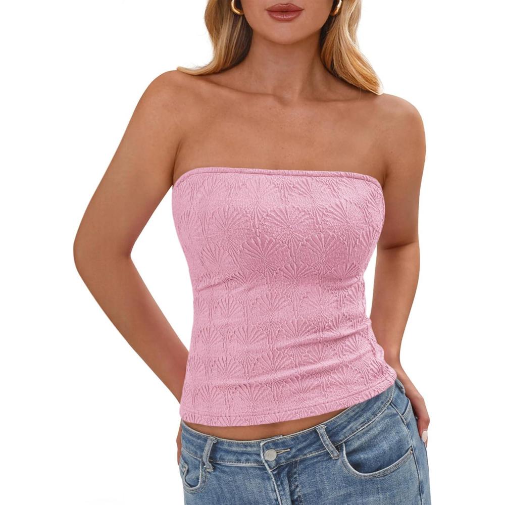 imageBTFBM Tube Tops for Women Spring Summer 2026 Backless Fitted Floral Embroidery Going Out Bandeau Top Beach VacationPink