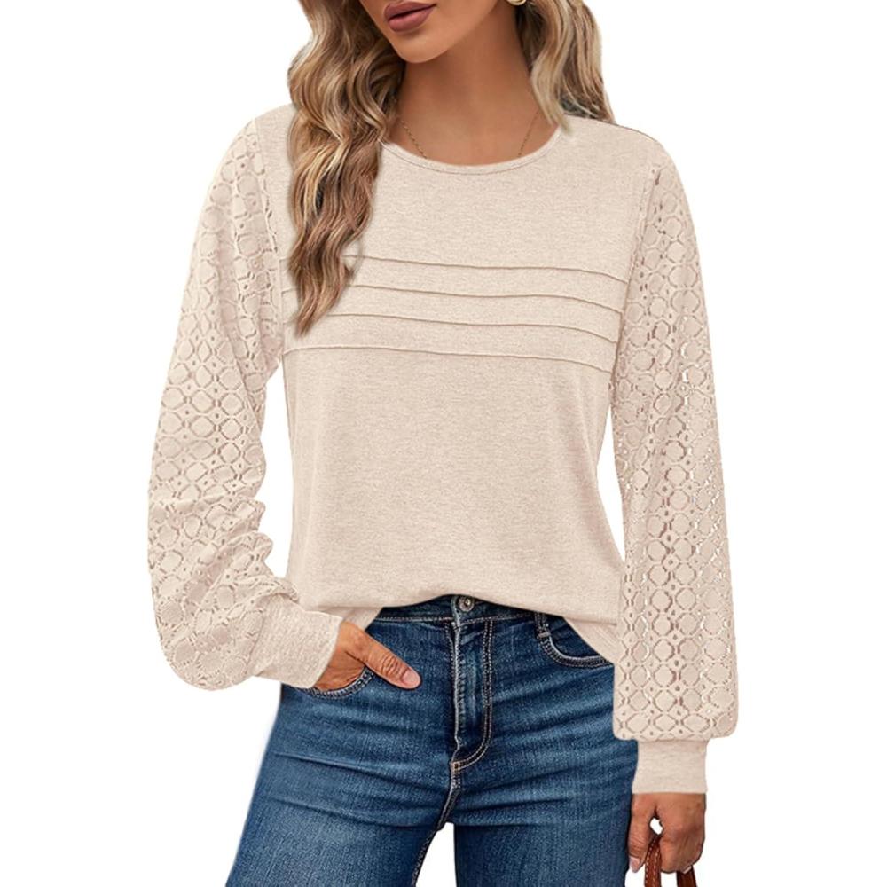 imageBTFBM Womens Long Sleeve Shirts Dressy Lace Fall Tops 2025 Trendy Business Casual TShirts Cute Work Outfits BlousesBeige