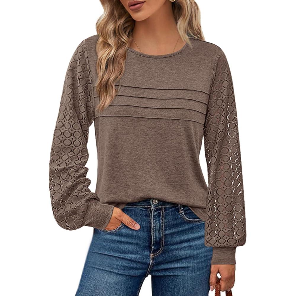 imageBTFBM Womens Long Sleeve Shirts Dressy Lace Fall Tops 2025 Trendy Business Casual TShirts Cute Work Outfits BlousesBrown Grey