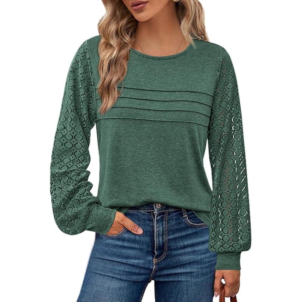 imageBTFBM Womens Long Sleeve Shirts Dressy Lace Fall Tops 2025 Trendy Business Casual TShirts Cute Work Outfits BlousesDark Green
