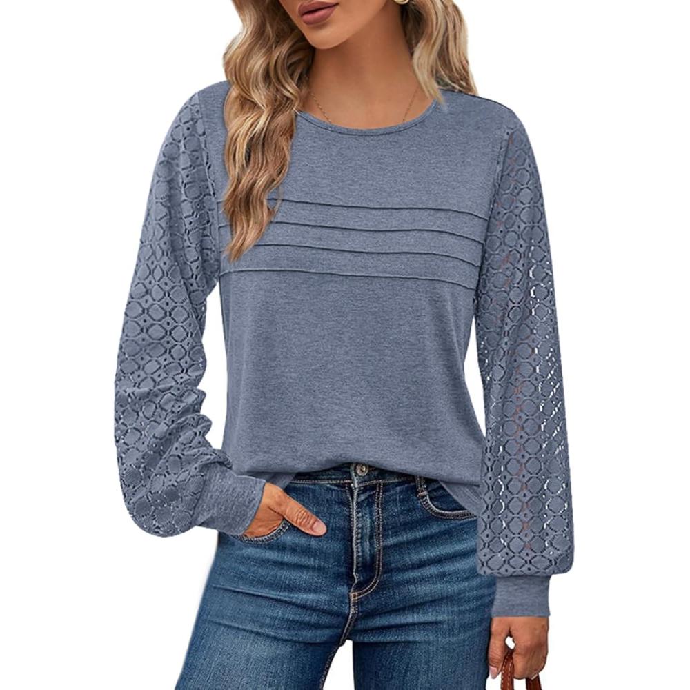imageBTFBM Womens Long Sleeve Shirts Dressy Lace Fall Tops 2025 Trendy Business Casual TShirts Cute Work Outfits BlousesGrey Blue