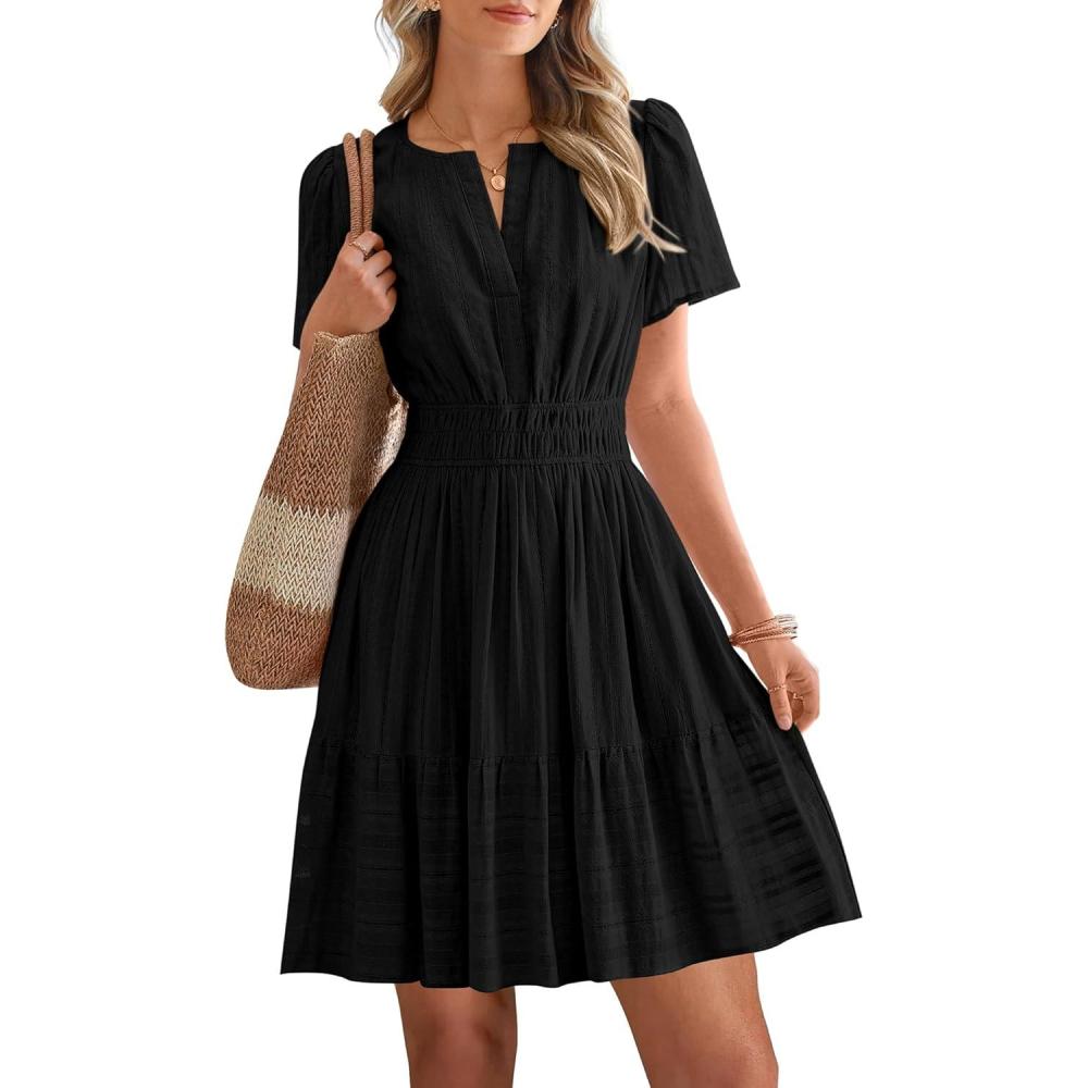 imageBTFBM Womens Spring 2026 Casual Mini Dresses Lightweight Short Sleeve V Neck Elastic Waist Cute Boho Beach Dress PocketsBlack