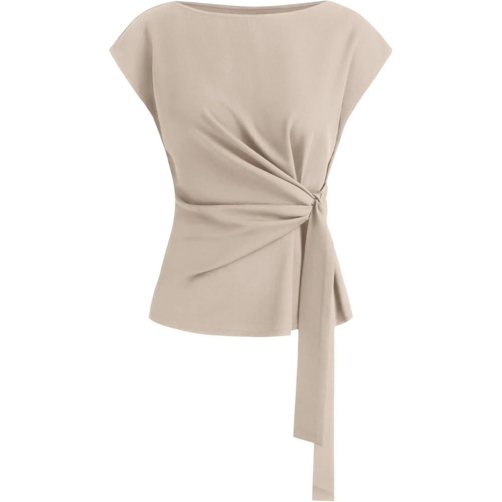 imageBTFBM Womens Tops Summer 2026 Cap Sleeve Crew Neck Tie Waist Blouses Dressy Casual Business Work Clothes Spring FashionApricot