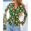 imageBTFBM Button Down Shirts for Women Fall Fashion 2025 V Neck Long Sleeve Blouse Ruched Mesh Fitted Floral Print Boho TopsArmy Green