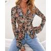 imageBTFBM Button Down Shirts for Women Fall Fashion 2025 V Neck Long Sleeve Blouse Ruched Mesh Fitted Floral Print Boho TopsFloral Black Orange