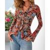 imageBTFBM Button Down Shirts for Women Fall Fashion 2025 V Neck Long Sleeve Blouse Ruched Mesh Fitted Floral Print Boho TopsFloral Black Red