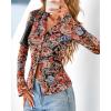 imageBTFBM Button Down Shirts for Women Fall Fashion 2025 V Neck Long Sleeve Blouse Ruched Mesh Fitted Floral Print Boho TopsFloral Black Red