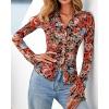 imageBTFBM Button Down Shirts for Women Fall Fashion 2025 V Neck Long Sleeve Blouse Ruched Mesh Fitted Floral Print Boho TopsFloral Black Red