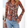 imageBTFBM Button Down Shirts for Women Fall Fashion 2025 V Neck Long Sleeve Blouse Ruched Mesh Fitted Floral Print Boho TopsFloral Black Red