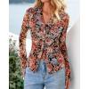 imageBTFBM Button Down Shirts for Women Fall Fashion 2025 V Neck Long Sleeve Blouse Ruched Mesh Fitted Floral Print Boho TopsFloral Black Red