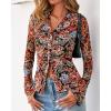 imageBTFBM Button Down Shirts for Women Fall Fashion 2025 V Neck Long Sleeve Blouse Ruched Mesh Fitted Floral Print Boho TopsFloral Black Red