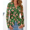 imageBTFBM Button Down Shirts for Women Fall Fashion 2025 V Neck Long Sleeve Blouse Ruched Mesh Fitted Floral Print Boho TopsGreen