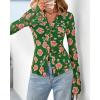 imageBTFBM Button Down Shirts for Women Fall Fashion 2025 V Neck Long Sleeve Blouse Ruched Mesh Fitted Floral Print Boho TopsGreen