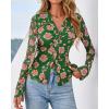 imageBTFBM Button Down Shirts for Women Fall Fashion 2025 V Neck Long Sleeve Blouse Ruched Mesh Fitted Floral Print Boho TopsGreen