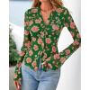 imageBTFBM Button Down Shirts for Women Fall Fashion 2025 V Neck Long Sleeve Blouse Ruched Mesh Fitted Floral Print Boho TopsGreen