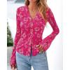 imageBTFBM Button Down Shirts for Women Fall Fashion 2025 V Neck Long Sleeve Blouse Ruched Mesh Fitted Floral Print Boho TopsHot Pink