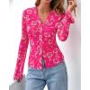 imageBTFBM Button Down Shirts for Women Fall Fashion 2025 V Neck Long Sleeve Blouse Ruched Mesh Fitted Floral Print Boho TopsHot Pink