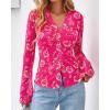imageBTFBM Button Down Shirts for Women Fall Fashion 2025 V Neck Long Sleeve Blouse Ruched Mesh Fitted Floral Print Boho TopsHot Pink
