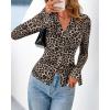 imageBTFBM Button Down Shirts for Women Fall Fashion 2025 V Neck Long Sleeve Blouse Ruched Mesh Fitted Floral Print Boho TopsLeopard