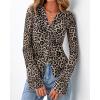 imageBTFBM Button Down Shirts for Women Fall Fashion 2025 V Neck Long Sleeve Blouse Ruched Mesh Fitted Floral Print Boho TopsLeopard