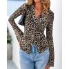 imageBTFBM Button Down Shirts for Women Fall Fashion 2025 V Neck Long Sleeve Blouse Ruched Mesh Fitted Floral Print Boho TopsLeopard