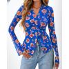 imageBTFBM Button Down Shirts for Women Fall Fashion 2025 V Neck Long Sleeve Blouse Ruched Mesh Fitted Floral Print Boho TopsRoyal Blue