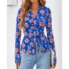 imageBTFBM Button Down Shirts for Women Fall Fashion 2025 V Neck Long Sleeve Blouse Ruched Mesh Fitted Floral Print Boho TopsRoyal Blue