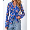 imageBTFBM Button Down Shirts for Women Fall Fashion 2025 V Neck Long Sleeve Blouse Ruched Mesh Fitted Floral Print Boho TopsRoyal Blue