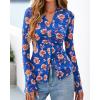 imageBTFBM Button Down Shirts for Women Fall Fashion 2025 V Neck Long Sleeve Blouse Ruched Mesh Fitted Floral Print Boho TopsRoyal Blue