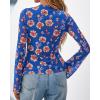 imageBTFBM Button Down Shirts for Women Fall Fashion 2025 V Neck Long Sleeve Blouse Ruched Mesh Fitted Floral Print Boho TopsRoyal Blue