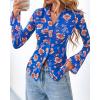 imageBTFBM Button Down Shirts for Women Fall Fashion 2025 V Neck Long Sleeve Blouse Ruched Mesh Fitted Floral Print Boho TopsRoyal Blue