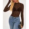 imageBTFBM Lace Tops for Women 2025 See Through Mesh Top Crew Neck Long Sleeve Fitted Sheer Party Club Outfits Fall FashionBrown