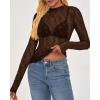 imageBTFBM Lace Tops for Women 2025 See Through Mesh Top Crew Neck Long Sleeve Fitted Sheer Party Club Outfits Fall FashionBrown