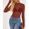 imageBTFBM Lace Tops for Women 2025 See Through Mesh Top Crew Neck Long Sleeve Fitted Sheer Party Club Outfits Fall FashionBurnt Orange
