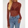 imageBTFBM Lace Tops for Women 2025 See Through Mesh Top Crew Neck Long Sleeve Fitted Sheer Party Club Outfits Fall FashionBurnt Orange
