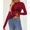 imageBTFBM Lace Tops for Women 2025 See Through Mesh Top Crew Neck Long Sleeve Fitted Sheer Party Club Outfits Fall FashionRed