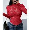 imageBTFBM Mesh Long Sleeve Tops for Women Lace Sexy Sheer See Through Crew Neck Tight Shirt Fall 2025 Party Club OutfitsRed