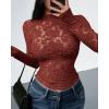 imageBTFBM Mesh Long Sleeve Tops for Women Lace Sexy Sheer See Through Crew Neck Tight Shirt Fall 2025 Party Club OutfitsRed Brown
