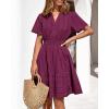 imageBTFBM Womens Spring 2026 Casual Mini Dresses Lightweight Short Sleeve V Neck Elastic Waist Cute Boho Beach Dress PocketsBurgundy