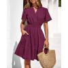 imageBTFBM Womens Spring 2026 Casual Mini Dresses Lightweight Short Sleeve V Neck Elastic Waist Cute Boho Beach Dress PocketsBurgundy