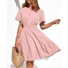imageBTFBM Womens Spring 2026 Casual Mini Dresses Lightweight Short Sleeve V Neck Elastic Waist Cute Boho Beach Dress PocketsPink