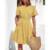 imageBTFBM Womens Spring 2026 Casual Mini Dresses Lightweight Short Sleeve V Neck Elastic Waist Cute Boho Beach Dress PocketsYellow