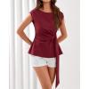 imageBTFBM Womens Tops Summer 2026 Cap Sleeve Crew Neck Tie Waist Blouses Dressy Casual Business Work Clothes Spring FashionRed