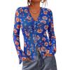 imageBTFBM Button Down Shirts for Women Fall Fashion 2025 V Neck Long Sleeve Blouse Ruched Mesh Fitted Floral Print Boho TopsRoyal Blue