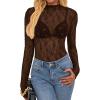 imageBTFBM Lace Tops for Women 2025 See Through Mesh Top Crew Neck Long Sleeve Fitted Sheer Party Club Outfits Fall FashionBrown