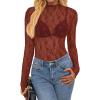 imageBTFBM Lace Tops for Women 2025 See Through Mesh Top Crew Neck Long Sleeve Fitted Sheer Party Club Outfits Fall FashionBurnt Orange