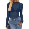imageBTFBM Lace Tops for Women 2025 See Through Mesh Top Crew Neck Long Sleeve Fitted Sheer Party Club Outfits Fall FashionDark Blue