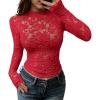 imageBTFBM Mesh Long Sleeve Tops for Women Lace Sexy Sheer See Through Crew Neck Tight Shirt Fall 2025 Party Club OutfitsRed